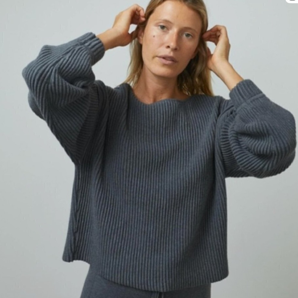 Lunya Cozy Cotton Silk Reversible Crop Ribbed Pullover Fisherman Sweater Grey S